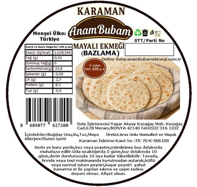 Anam Bubam Ekmeği-Karaman Mayalı Ekmeği ( Bazlama )-8 Paket(40Adet)